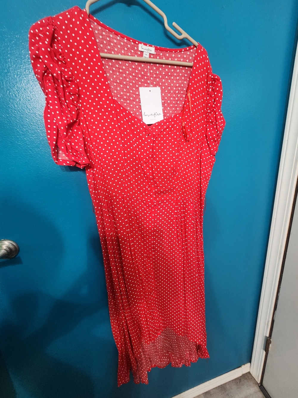 love, Fire Red Polka Dot Midi Dress with Ruffle Sleeves